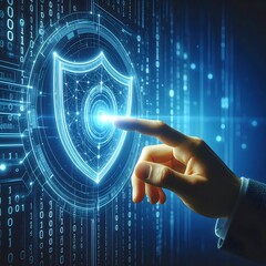 Hand pointing at a glowing digital shield graphic, surrounded by binary code and abstract technology elements