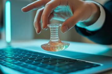 Hand Holding a Transparent Object Above Laptop Keyboard, Technology and Innovation Concept.