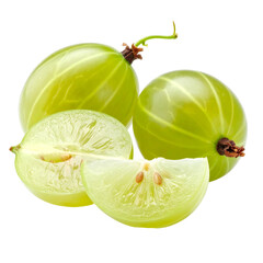 Three pale-green gooseberries, one halved, showing translucent flesh and tiny seeds, sit on a black background