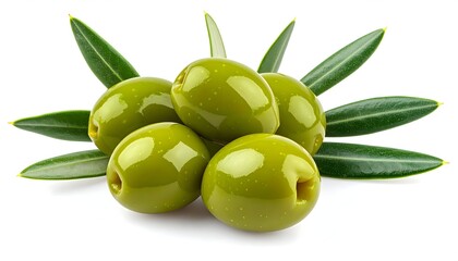 Close-up of plump green olives nestled together, with fresh olive leaves