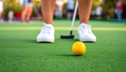 Close-up of woman's feet, white shoes, aiming at a yellow golf ball on a putting green