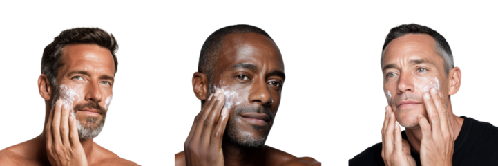 Set of man applying facial cream on own face isolated on a transparent background