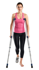 Young Woman with Crimson Tank Top Using Crutches, Transparent Cutout, 3D Realism Asset