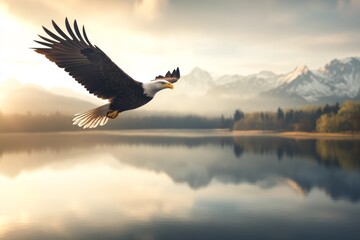 Majestic eagle is flying over a calm lake, with mountains in the background. Concept of freedom and power, as the eagle soars through the sky with grace