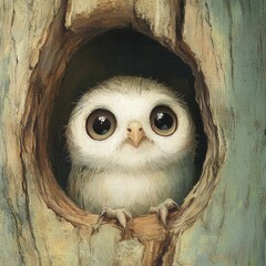 A charming owl chick peeks out curiously from a tree hollow, showcasing its large eyes and soft feathers. This image captures the beauty of wildlife in nature.