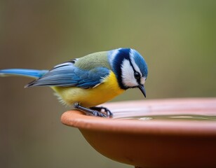 Obraz premium Close-up of cute little blue tit bird drinking water from dish in garden. Colorful plumage and feather detail. Wildlife shot of avian creature in natural habitat. Forest background.