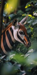 Elegant Okapi Surrounded by Lush Green Foliage in Nature