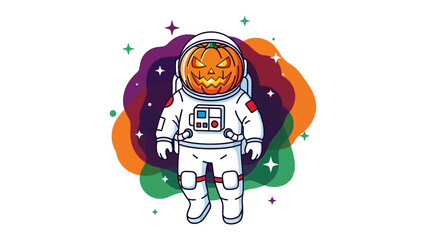 Astronaut Pumpkin: An artistic illustration of a spooky spaceman, where a carved pumpkin replaces a human head, representing the holiday spirit amidst stars and galaxies.