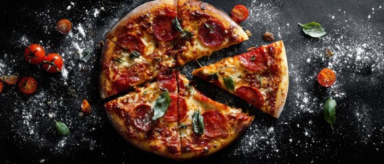The pizza with pepperoni basil and melted cheese on rustic dark flour-dusted surface