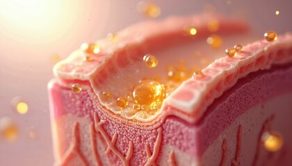 Realistic animation of magnified human skin cross-section. Serum molecules absorb through pores nourishing dermis. Perfect for beauty product demo about skincare, rejuvenation, anti-aging, hydration
