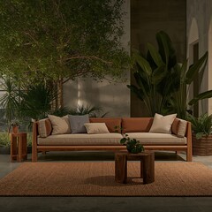 Serene living space featuring a modern sofa surrounded by lush greenery, creating an inviting and tranquil indoor-outdoor aesthetic for relaxation