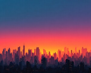The vibrant city skyline glows warmly at dusk, its silhouette a dark contrast against the brightly colored and beautiful sunset sky at twilight hour.