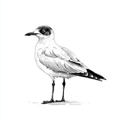 A bird is standing on a white background. It is standing on the ground