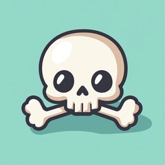 A cartoon skull with a bone in its hand is smiling and appears to be happy. The bone is positioned in the skull's right hand, and the skull's left hand is resting on the bone