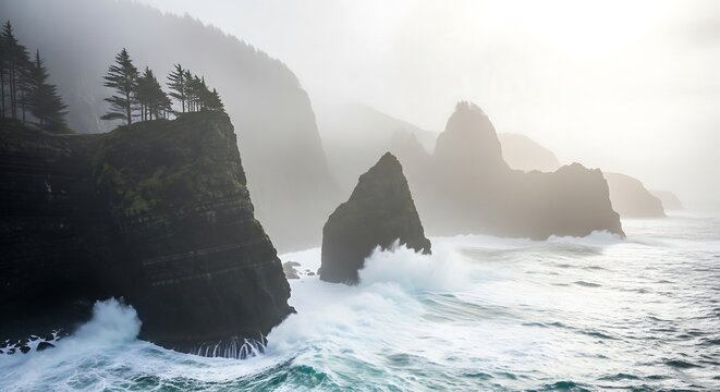 Misty Coastal Cliffs Erupt with Powerful Waves Under a Foggy Sky