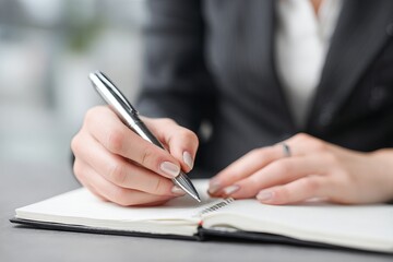 Businesswoman writing notes in notebook