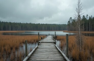 Obraz premium Scenic view of swamp lake with old wooden boardwalk trail leading into water. Moody, overcast sky. Tall trees, forest in background, reeds on foreground. Tranquil, peaceful Estonian wilderness.