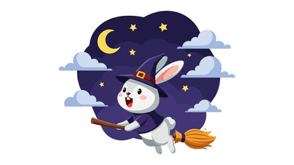Whimsical Rabbit Witch: A charming illustration captures a delightful rabbit dressed as a witch, soaring through a starlit night sky on a broomstick.