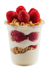 Fresh raspberries layered with creamy yogurt and crunchy granola in a clear cup isolated on a transparent background