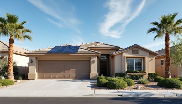 Single-story suburban home with beige, brown exterior features solar panels, two-car garage, desert-style landscaping. House located in Las Vegas under clear blue sky. Energy saving, modern design.