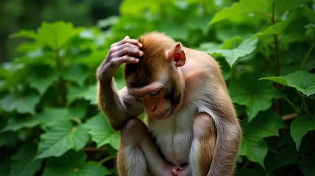 Curious monkey scratching head in lush foliage, expressing wonder and amusement, a captivating wildlife moment perfect for educational content