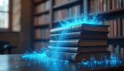 Stack of books with glowing blue digital elements. Fusion of literature, modern technology in library. Traditional learning meets futuristic innovation. Smart education database concept, research of
