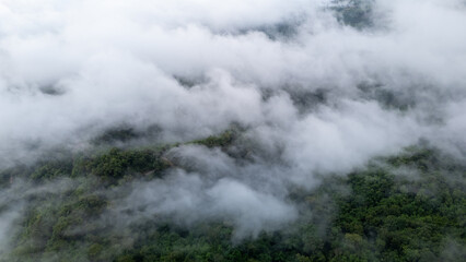 Obraz premium Aerial of Village in rain cloud cover tropical green mountain. Rainy season. Misty cover green forest. beautiful green village