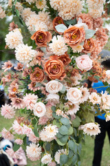 Flower arrangement in a wedding ceremony. Decorated with roses