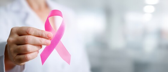 The Pink Ribbon for Breast Cancer Awareness Held by Medical Professional in Clinic