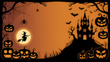 Halloween night scene with witch flying on broom pumpkins and haunted house silhouette on orange background abstract wallpaper