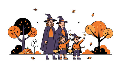A Spooky Halloween Family: A whimsical illustration depicts a family of witches, embracing the enchantment and thrills of Halloween with a pumpkin, trees, and a friendly ghost.