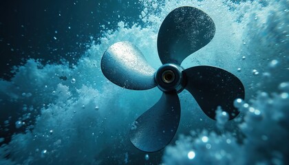 White propeller object with four blades floats in vibrant blue ocean water. Propeller sharp edges face viewer. Intricate details, surrounding water create serene immersive scene.