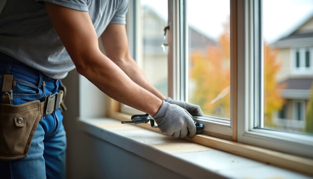Hispanic carpenter installs wooden window in house. Man working on home improvement project. Skilled craftsman, construction worker at work. Renovation, carpentry and craftsmanship concept.
