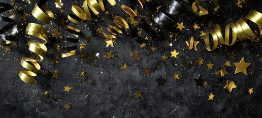 Fototapeta premium The Gold Streamers and Star Confetti on a Black Textured Celebration Background