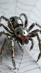 Obraz premium Mechanical spider with red glowing eyes on a web