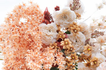 Flower arrangement in a wedding ceremony. Decorated with roses