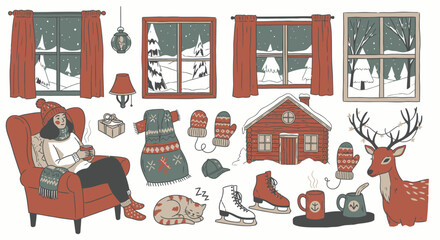 Cozy winter scene illustration featuring a woman relaxing in an armchair, a snowy landscape viewed through windows, and festive winter elements.