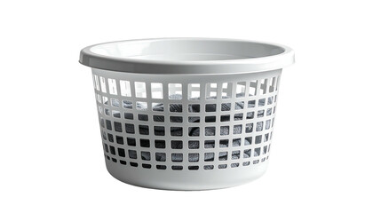 White plastic laundry basket with gridded sides, containing crumpled gray fabric