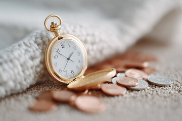 Vintage Pocket Watch with Coins — Time Value Concept