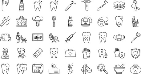 Fototapeta premium 50 linear dentist icon pack. vector thin line tooth cleaning, tooth whitening, denture, dentists drill tool, scraping, clinic, dental prosthesis icons