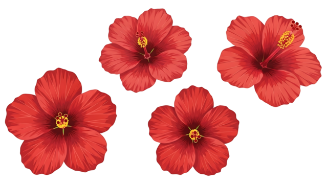 Four vibrant red hibiscus flowers, outlined in black, on a black background