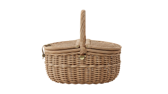 Light beige wicker picnic basket with a hinged lid and a handle