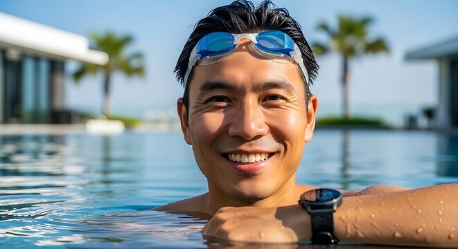 Smiling Man Relaxing in a Pool. - Powered by Adobe