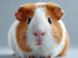A delightful close-up captures a tricolor guinea pig's endea expression against a minimalist white backdrop, showcasing its fluffy fur and curious eyes.