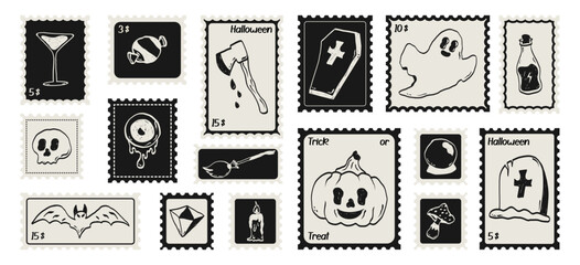 Vector illustration Halloween postage stamps. Sticker with print with image of Skull, pot, hat, pumpkin, ghost, mushroom, broom, spider web for poster, placard or print.