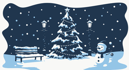 Naklejka premium Snowy Christmas Eve scene: illuminated tree, snowman, park bench, streetlights.