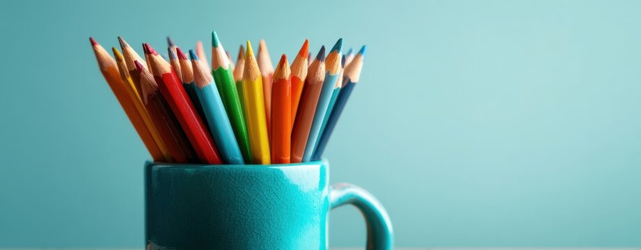 The vibrant collection of colored pencils in a turquoise mug.