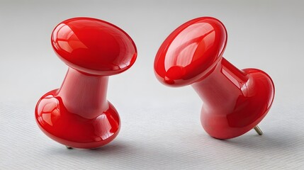 Two shiny red push pins on a light gray surface