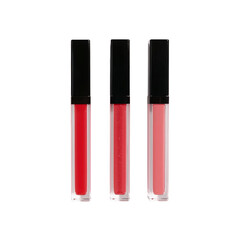 Obraz premium Three tubes of liquid lipstick in red coral and pink shades isolated on a transparent background