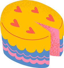 A yellow cake with pink hearts and blue frosting